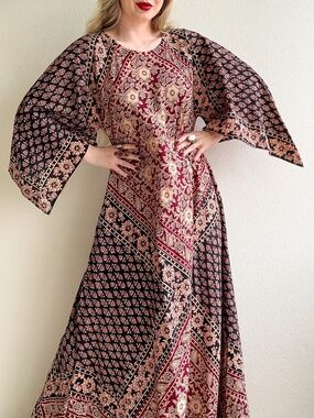 Vintage 1970s Indian Cotton Block Printed Maxi Dress (L/XL)